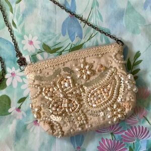 Mary Frances Small Pearl (Faux) Beaded Bag - Small Cream Chain Strap